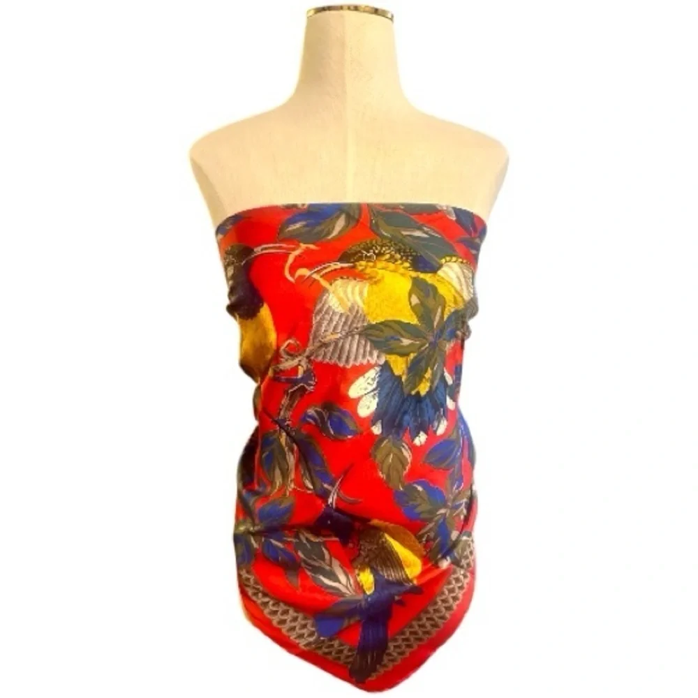 Christian Dior Stunning Vintage 100% Silk Scarf Birds & Foliage Print Red Blue